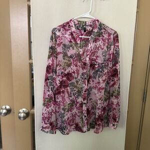 Kut‎ From The Kloth Womens Large Pink Sheer Floral Roll Tab Lomg Sleeve Blouse